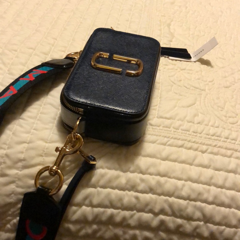 Marc Jacobs Navy Textured Camera Crossbody with Multicolor Strap
